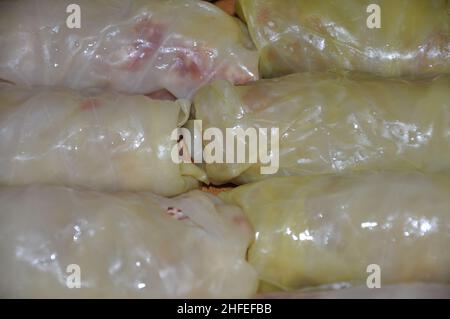 Sarma-Brötchen, traditionelle kroatische Mahlzeit, gefüllte fermentierte Kohlblätter mit Hackfleisch.Sarma, eingelegte Kohlblätter, gefüllt mit Hackfleisch. Stockfoto