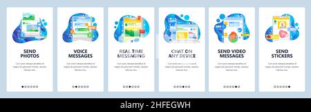 Mobile Phone App für Social Media Messenger. Senden von sprach- und Textnachrichten. Videoanruf und Online-Chat, Aufkleber. Vektor-Bildschirmvorlage für Website und Stock Vektor