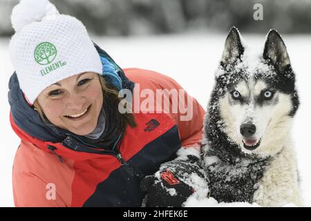 Frankreich. Isere (38) Valerie Mauvon, französische Schlittenmeisterin der mittleren Distanz, lebt mit hundert Meilen pro Stunde. Mit 47 Jahren, einer leidenschaftlichen Musher, jongliert sie dazwischen Stockfoto