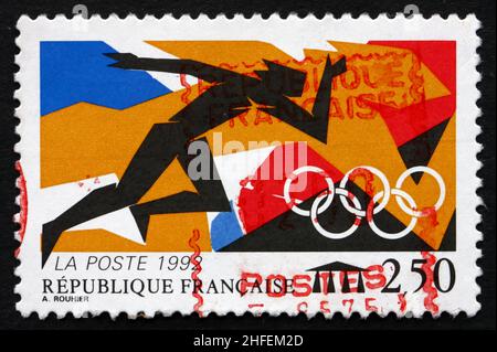 FRANKREICH - UM 1992: Eine in Frankreich gedruckte Briefmarke zeigt Athlete, Olympische Sommerspiele 1992, Barcelona, um 1992 Stockfoto