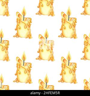 Aquarell Illustration Muster brennende gelbe Kerze. Nahtlos wiederholter, kuscheliger Druck. Feier, Grußkarte Hintergrund. Isoliert auf weißem Backgro Stockfoto