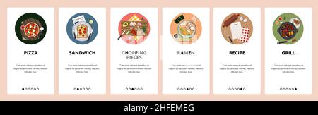 Blick von oben auf die Gerichte der Weltküche. Speisekarte im Restaurant, Pizza, Sandwich, Ramen, Grill. Bildschirme der mobilen App. Menü Vektor Banner Vorlage für Website Stock Vektor