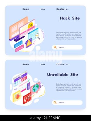 Website-Hacking-Angriff. Cyber-Sicherheitstechnologie. Unzuverlässige Website, Computerfehler. Vektor-Website-Design-Vorlage. Konzept der Landing-Page-Website Stock Vektor