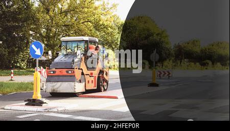 Reparatur der Straße und der Eisbahn legt Asphalt. Ein Straßenbauarbeiter auf einer Eisbahn rollt die Straße. Autobahn Baustelle Landschaft Stockfoto