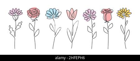 Kontinuierliche Linie Zeichnung Satz von Blumen. Pflanzen eine Linie Abbildung. Minimalistisch druckt Vektorgrafik Stock Vektor