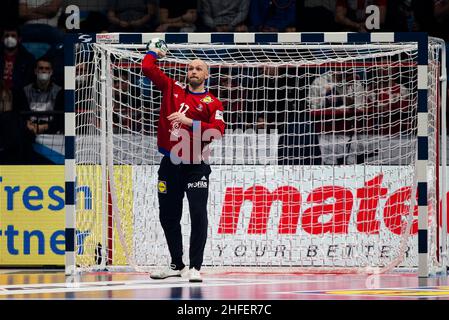 Szeged, Ungarn, 15th. Januar 2022. Vincent Gerard aus Frankreich im Einsatz beim EHF-EM-Spiel der Männer 2022 zwischen Frankreich und der Ukraine in Szeged, Ungarn. Januar 15, 2022. Kredit: Nikola Krstic/Alamy Stockfoto