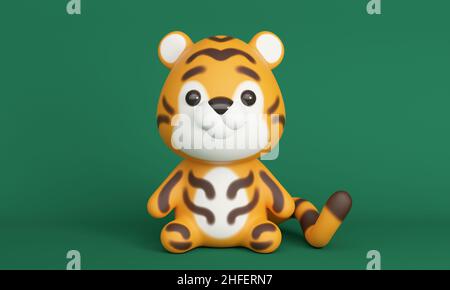 Niedlicher kleiner Tiger auf grünem Hintergrund. 3D Rendern Stockfoto