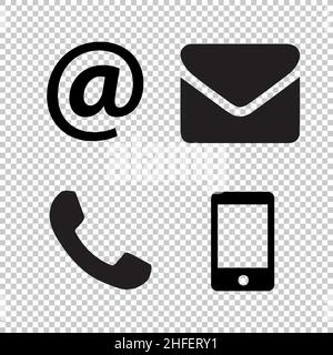 Kontaktsymbole auf weißem Hintergrund. Retro-Telefon, Post, AT-Symbol und Smartphone Einfache Kontaktschilder in flachem Stil auf kariertem transparentem Backgr Stock Vektor