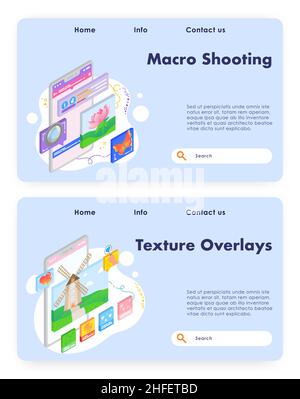 Makrofotografie, Fotokamera. Zusatzgeräte für Fotofilter. Overlay-Technologie. Vektor-Website-Design-Vorlage. Konzept der Landing-Page-Website Stock Vektor