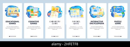 Wissenschaft und intelligente mobile Spiele. Chemie-Experiment, Physik-Test, Puzzle-Spiel. Bildschirme für das Onboarding von Anwendungen. Menü-Vektor-Banner-Vorlage für Website und Stock Vektor