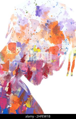 Ein Porträt eines Mannes kombiniert mit farbenfrohen Aquarellspritzern. Paintographie. Stockfoto