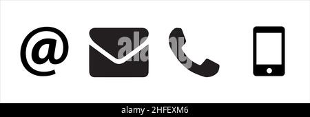 Kontaktsymbole auf weißem Hintergrund. Retro-Telefon, Post, AT-Symbol und Smartphone Einfache Kontaktschilder in flachem Stil auf weißem Hintergrund. Vektor i Stock Vektor