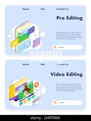 Foto-Editor Handy-App mit Steuerschieber. Video Bearbeitung Computer Software. Vektor-Website-Design-Vorlage. Konzept der Landing-Page-Website Stock Vektor
