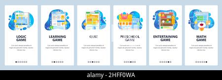 Smart Brain Handy-Spiele. Logikspiel, Quiz, Lernen, Entwicklung von Kindern, Mathematik. Bildschirme für das Onboarding von Anwendungen. Menü Vektor Banner Vorlage für Website Stock Vektor