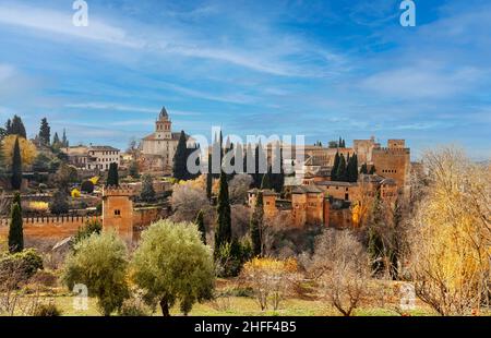 ALHAMBRA PALACE GRANADA ANDALUSIEN SPANIEN BLICK ÜBER OLIVENBÄUME AUF DIE FESTUNG Stockfoto