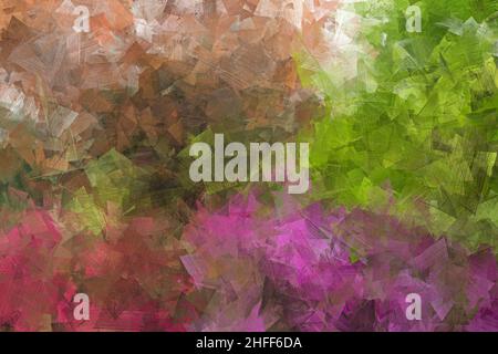 Abstrakte bunte Ölgemälde Hintergrund mit Pinselstrichen. Hochauflösendes digitales Ölgemälde auf Leinwand. Braune, grüne, rote und violette Farben. Stockfoto