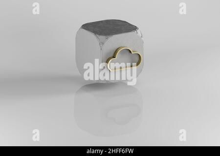 Cloud-Symbol. Symbol der gelben goldenen Wolke auf Steinwürfel und weißem Hintergrund. 3D Rendering-Illustration. Hintergrundmuster für Design. Stockfoto