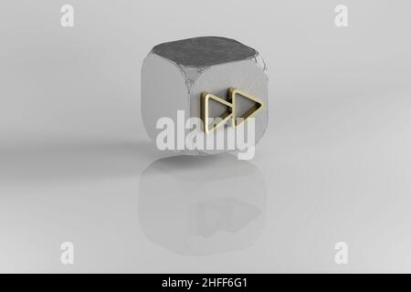 Schritt vorwärts Symbol. Gelbes goldenes Schritt vorwärts Symbol auf Steinwürfel und weißem Hintergrund. 3D Rendering-Illustration. Hintergrundmuster für Design. Stockfoto