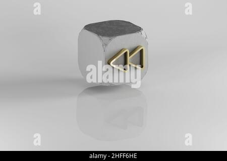 Symbol „Schritt zurück“. Gelbes goldenes Schritt-Zurück-Symbol auf Steinwürfel und weißem Hintergrund. 3D Rendering-Illustration. Hintergrundmuster für Design. Stockfoto