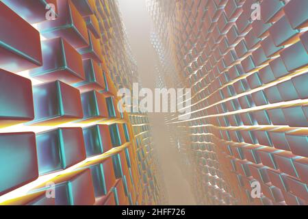Abstrakte geometrische Hintergrund Sci-Fi-Konstruktion aus bunten Würfel oder Raumstation, blau gelb Neon glühendes Licht. 3D Rendering-Illustration. Stockfoto