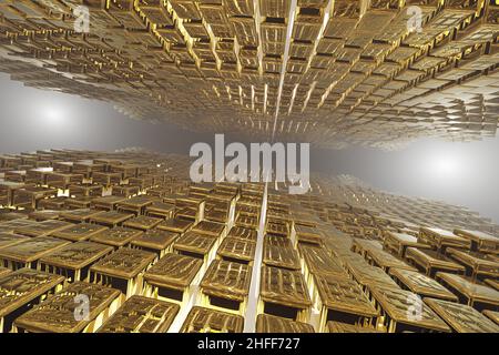 Abstrakte geometrische Hintergrund Sci-Fi-Konstruktion aus goldenen Würfel oder Raumstation, blau gelb Neon glühendes Licht. 3D Rendering-Illustration. Backgro Stockfoto