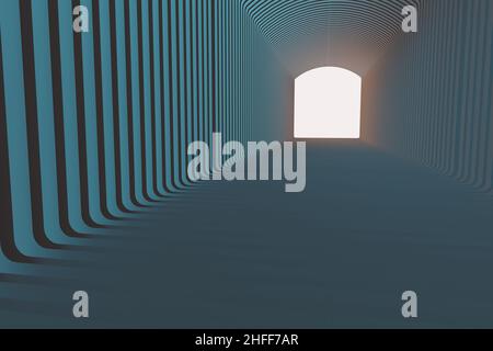 Schöner abstrakter grauer Tunnel mit Farblicht auf weißem Glanz im Hintergrund. 3D Rendering-Illustration. Hintergrundmuster für Design. Stockfoto