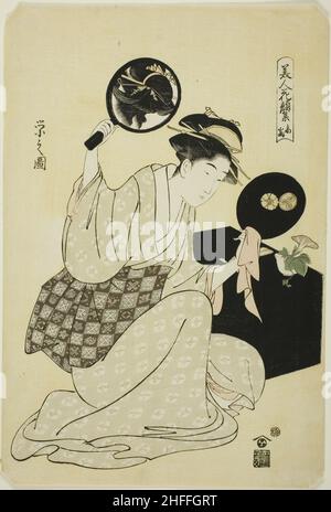 Takashima, aus der Serie "A Collection of Flower-like Faces of Beauties (Bijin kagan Shu)", Ende des 18th./Anfang des 19th. Jahrhunderts. Stockfoto