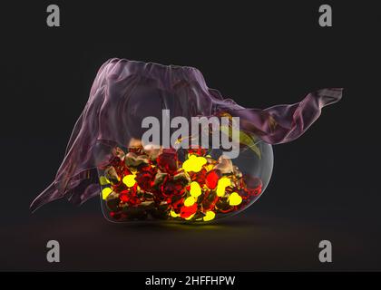 Eine Vase in Herzform unter einem Tuch, gefüllt mit Süßigkeiten auf dunklem Grund. 3D Rendern Stockfoto
