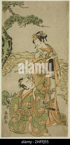 Die Schauspieler Nakamura Nakazo I als Matsukaze (rechts) und Ichikawa Komazo I als Yukihira (links), in dem Theaterstück Kuni no Hana Ono no Itsumoji, aufgeführt am Nakamura Theater im elften Monat, 1771, c. 1771. Stockfoto