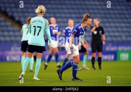 Esmee de Graaf von Leicester City feiert den Gewinn des Barclays FA Women's Super League-Spiels im King Power Stadium, Leicester. Bilddatum: Sonntag, 16. Januar 2022. Stockfoto