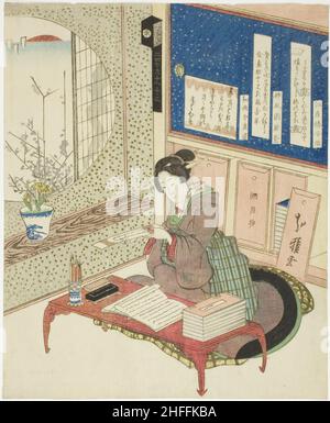 Frau liest Gedichte in einem Arbeitszimmer, Japan, c.. 1833. Stockfoto