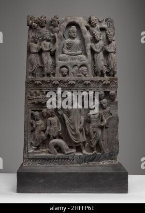 Buddha Shakyamuni meditiert in der Indrashala-Höhle [oben] und Buddha Dipankara [unten], 2nd/3rd Jahrhundert. Alte Region von Gandhara (modernes Pakistan). Stockfoto