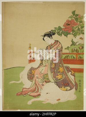 Junge Frau auf einem weißen Elefanten (Parodie des Bodhisattva Fugen), c. 1767/68. Stockfoto