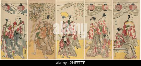 Elf Schauspieler feiern das Fest des Schreins der Soga-Brüder, 1788. Pentaptychon: Arashi Ryuzo II. Und Ichikawa Komazo III.; Azuma Tozo III. Und Otani Tokuji; Ichikawa Danjuro V. Und Ichikawa Ebizo IV.; Yamashita Mangiku, Iwai Hanshiro IV. Und Iwai Kumesaburo II. Und Monnojo III Stockfoto