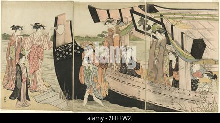 Frauen, die von einem Vergnügungsboot auf dem Sumida River, c. 1785. Stockfoto