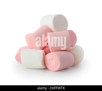 Ein Haufen frischer rosa-weißer Baiser, isoliert auf Weiß. Stockfoto