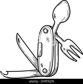 Symbol für die Vektorgrafik eines Mehrzweckmessers auf dem Hintergrund isoliert. Symbol für handgezeichnetes Mehrzweckmesser. Symbol für eine Skizze für Mehrzweckmesser für Infografik, Webs Stock Vektor