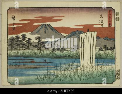Der Sagami-Fluss (Sagamigawa), aus der Serie „36 Ansichten des Fuji-Berges (Fuji sanjurokkei)“, 1852. Stockfoto