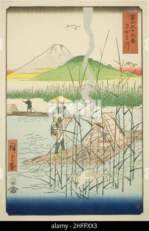 Sagami River (Sagamigawa), aus der Serie "36 Ansichten des Fuji-Berges (Fuji sanjurokkei)", 1858. Stockfoto