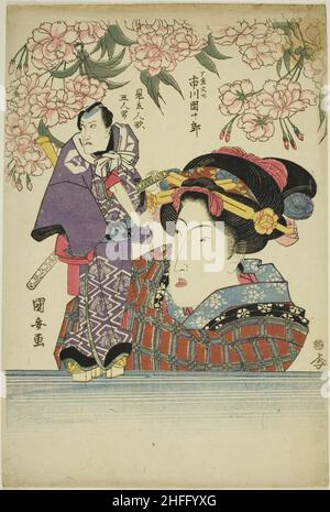 Frau mit Puppe des Schauspielers Ichikawa Danjuro VII als Karigane Bunshichi, c. 1820s. Stockfoto