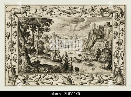 Die Taufe Christi, aus Landschaften mit Szenen aus dem Alten und Neuen Testament und Jagdszenen, 1584. Stockfoto