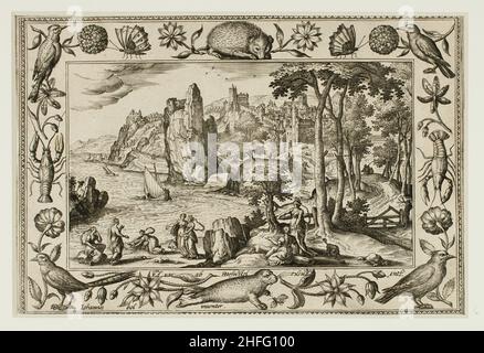 Pharaos Tochter findet Moses, aus Landschaften mit Szenen aus dem Alten und Neuen Testament und Jagdszenen, 1584. Stockfoto