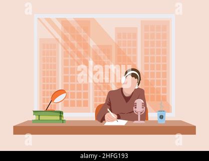 Home Recording Studio Konzept, junger Mann am Tisch Podcasting mit Kaffee. Mikrofon. Morgen. Student oder Freiberufler. Ein Mann in Kopfhörern mit einem p Stock Vektor