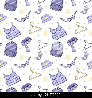 Ein nahtloses Muster aus Doodle-Elementen auf weißem Hintergrund. Kleidungsstücke. Weiche, violette Modepalette. Rucksack, Fliege, Oberteil, panama, breiter Gürtel Stock Vektor