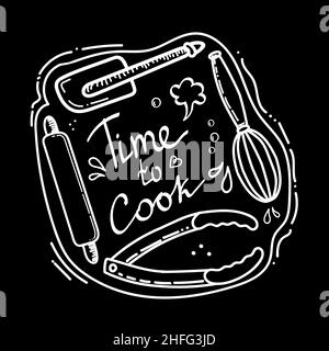 Bedruckte Bildunterschrift mit Lebensmittelposter. Zeit zum Kochen. Einrichtung mit Schriftzug in Küche, Café, Restaurant. Küche. Kochen. Stock Vektor