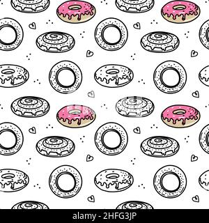 Ein nahtloses Muster aus handgezeichneten Elementen. Donuts, Bagels und Schneckenbrötchen. Stock Vektor
