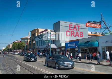 San Francisco, Kalifornien. 23. Juli 2017. Joes Krabbenbude historische Geschäfte säumen die Straßen im Fishermans Wharf Gebiet von san francisco auf einem sonnigen Stockfoto