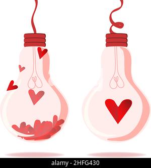 Das Konzept der brennenden Liebe. Lampen mit roten Herzen innen. Das Licht kommt von Liebhabern. Valentinstag. Flacher Style. Stock Vektor