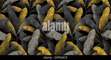 Tropisches nahtloses Muster mit stilisierten Bananenbäumen, goldenen Blättern. Handgezeichnete Illustration aus dem Jahr 3D. Glamouröses exotisches abstraktes Hintergrunddesign. Stockfoto
