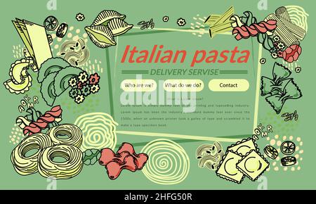 Italienische Pasta in einem Rahmen. Handgezeichnete Vektorgrafik im Doodle-Stil. Italienische Pasta-Produkte. Food Service Design Vorlage, Website, Flyer. Illust Stock Vektor